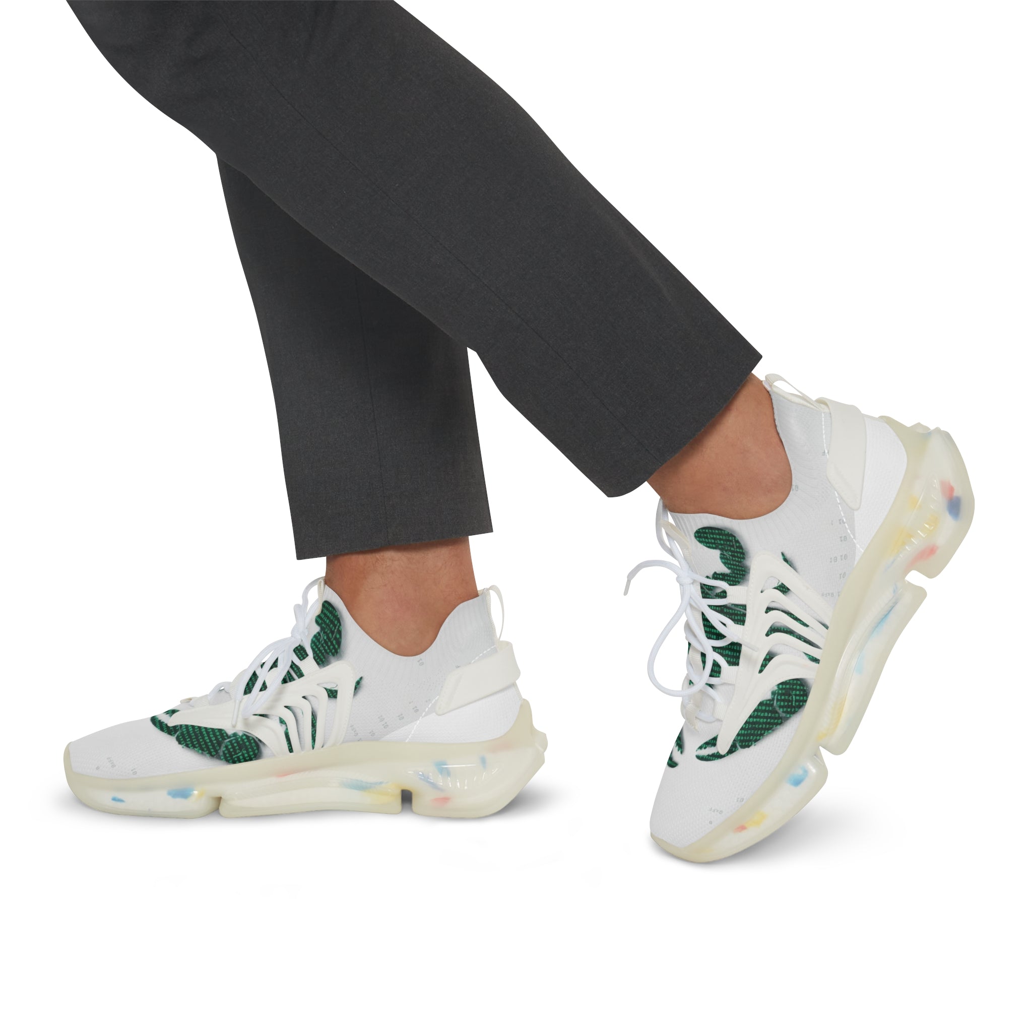 Men's Mesh Sneakers — Lightweight White Athletic Shoes with Green Leaf Print