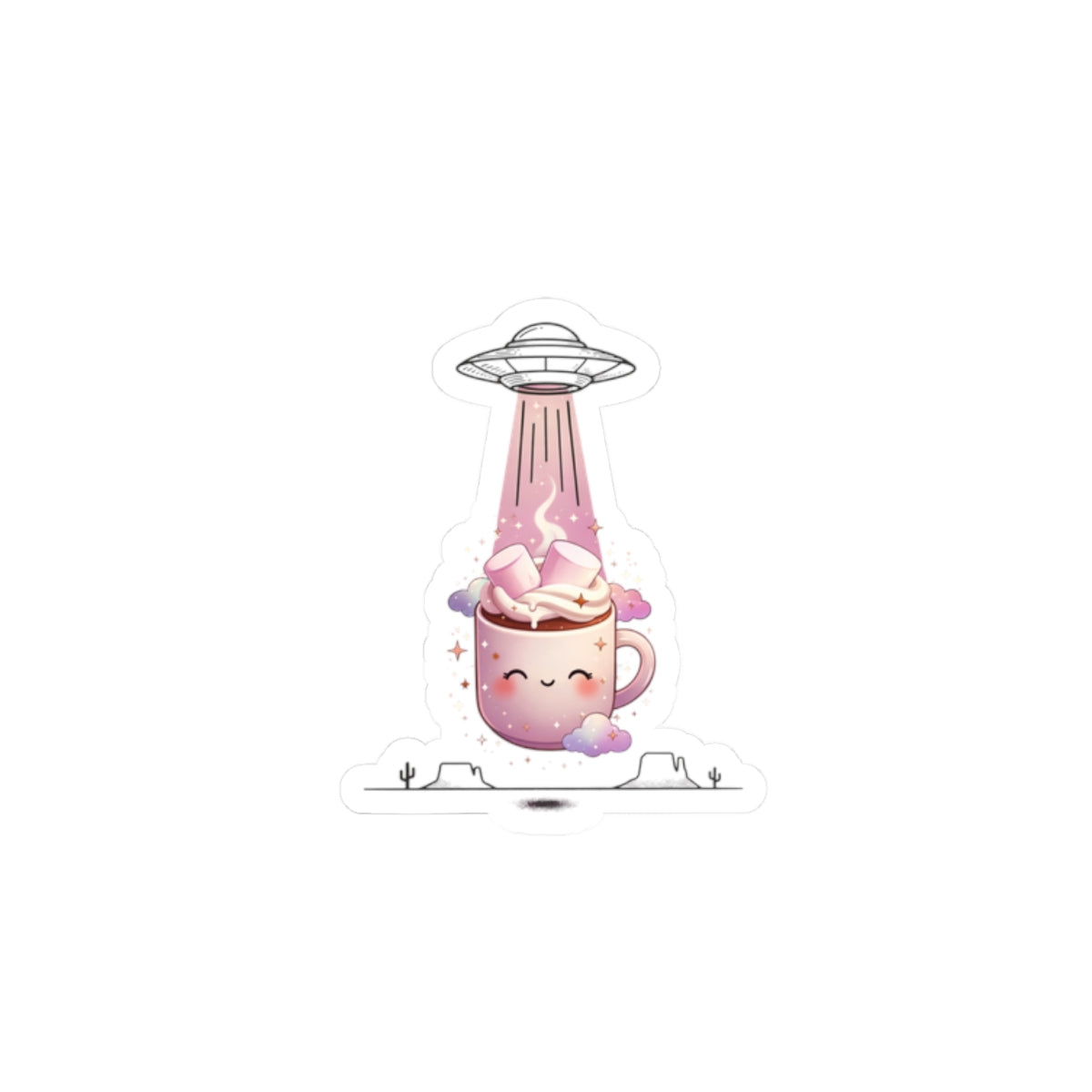 Cute UFO Abduction Mug Sticker, Retro Desert Sci‑Fi Kiss-Cut Sticker | Vintage UFO, Alien Beam