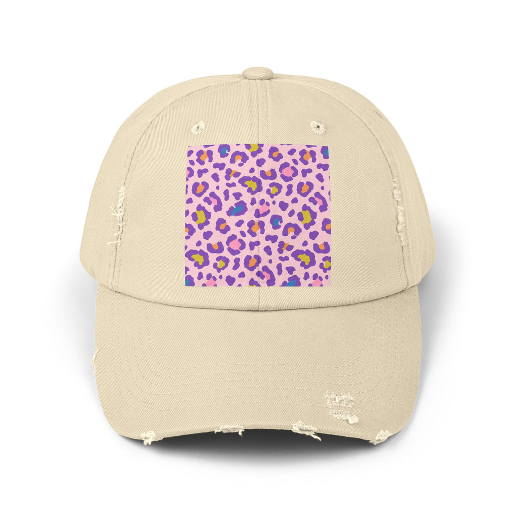 Distressed Baseball Cap with Pink Purple Leopard Print — Trendy Animal Print Hat