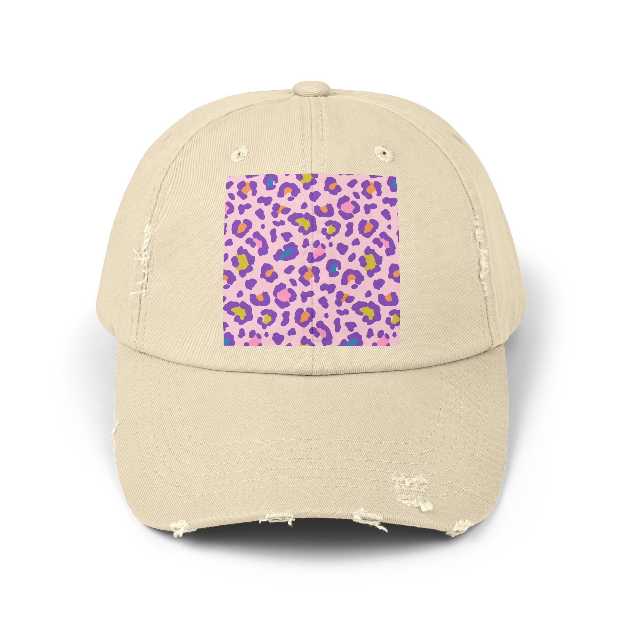 Distressed Baseball Cap with Pink Purple Leopard Print — Trendy Animal Print Hat