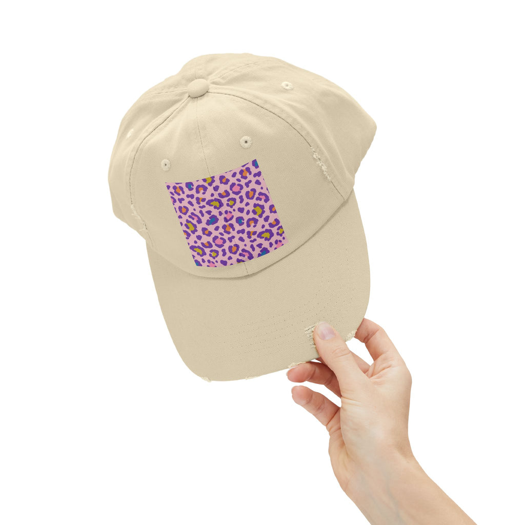 Distressed Baseball Cap with Pink Purple Leopard Print — Trendy Animal Print Hat