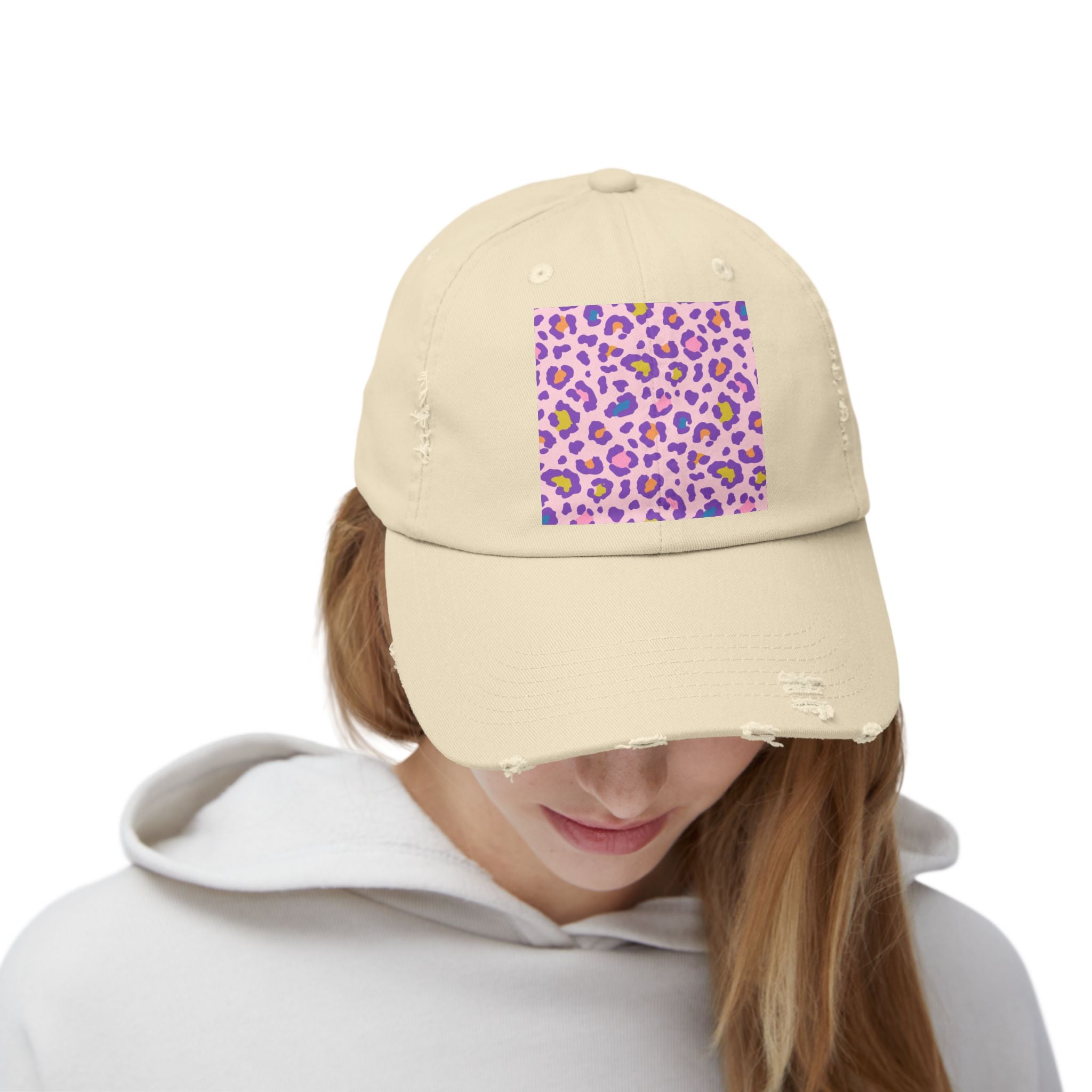 Distressed Baseball Cap with Pink Purple Leopard Print — Trendy Animal Print Hat