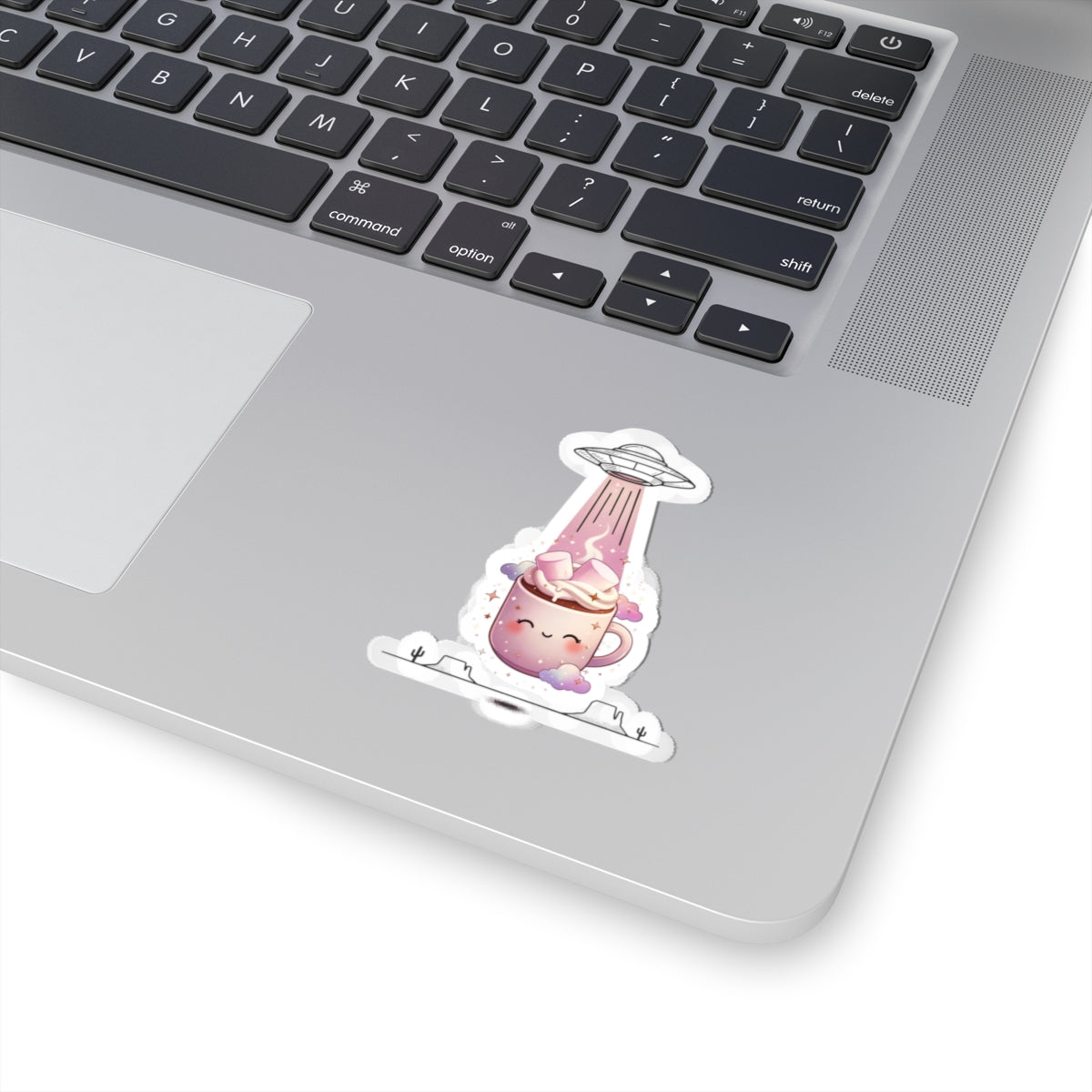 Cute UFO Abduction Mug Sticker, Retro Desert Sci‑Fi Kiss-Cut Sticker | Vintage UFO, Alien Beam