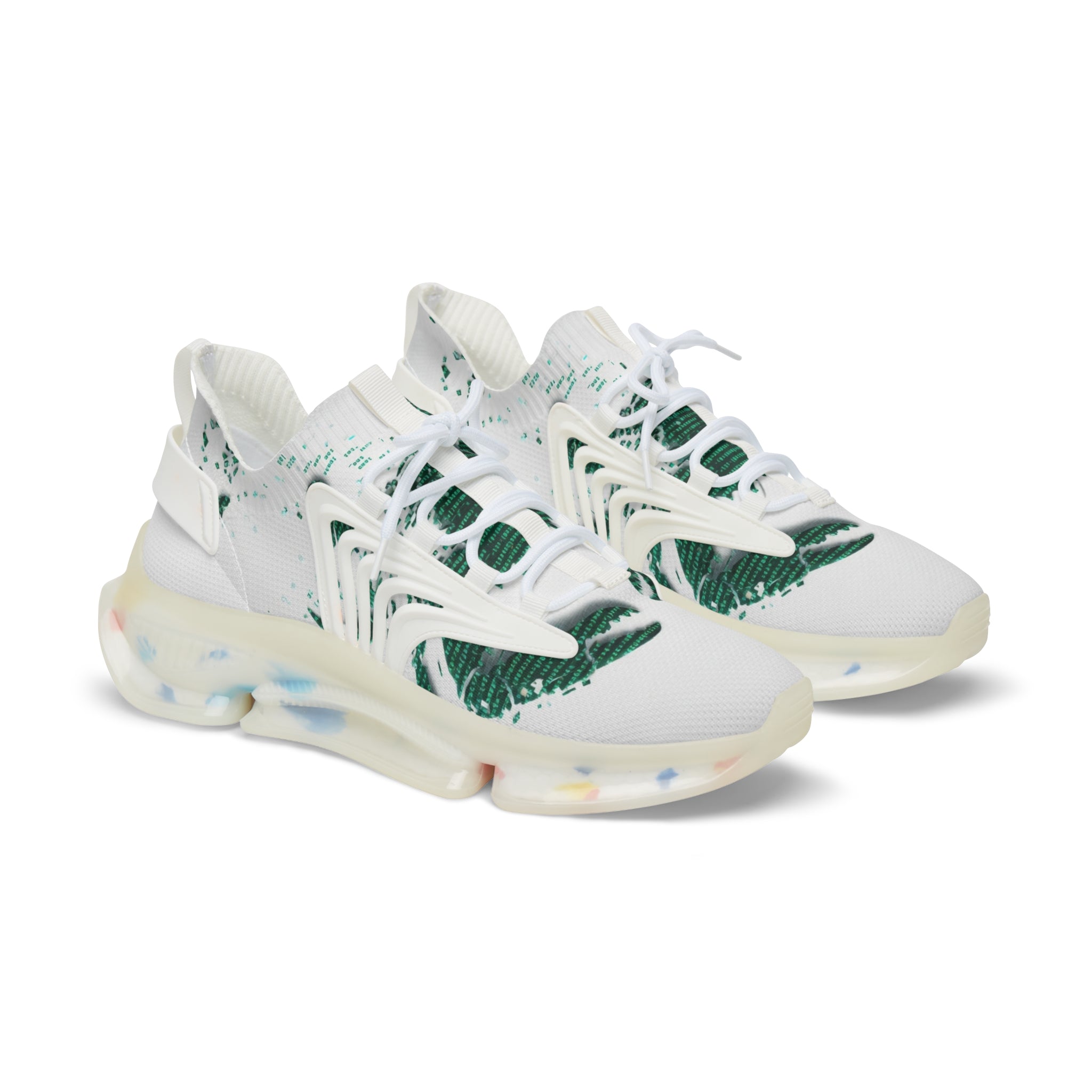 Men's Mesh Sneakers — Lightweight White Athletic Shoes with Green Leaf Print