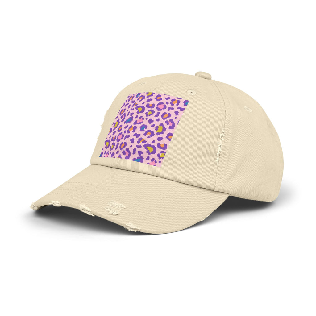 Distressed Baseball Cap with Pink Purple Leopard Print — Trendy Animal Print Hat