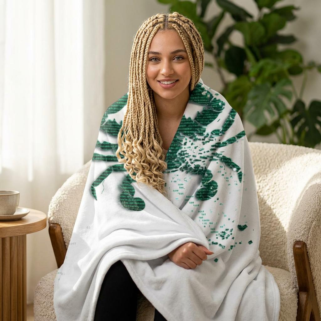 Crab Print Sherpa Blanket — Coastal Green Fleece Throw