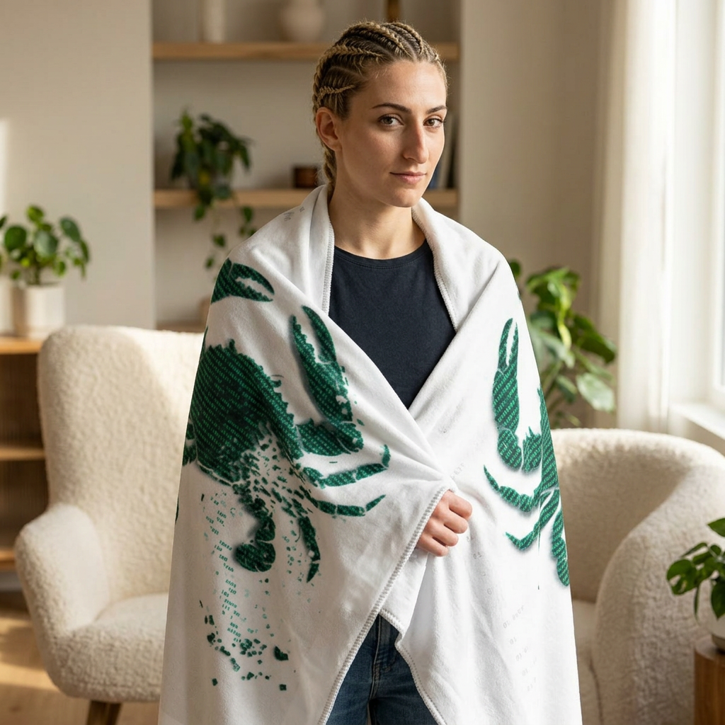 Crab Print Sherpa Blanket — Coastal Green Fleece Throw