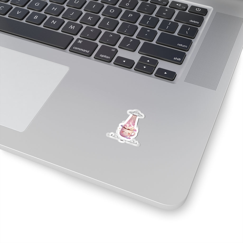 Cute UFO Abduction Mug Sticker, Retro Desert Sci‑Fi Kiss-Cut Sticker | Vintage UFO, Alien Beam