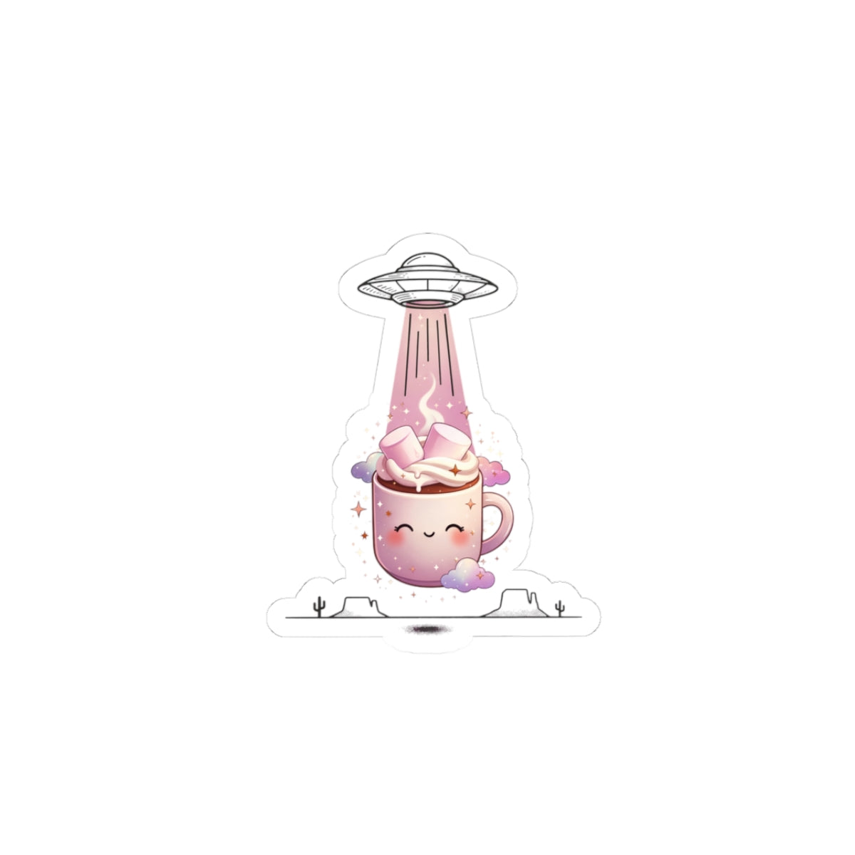 Cute UFO Abduction Mug Sticker, Retro Desert Sci‑Fi Kiss-Cut Sticker | Vintage UFO, Alien Beam