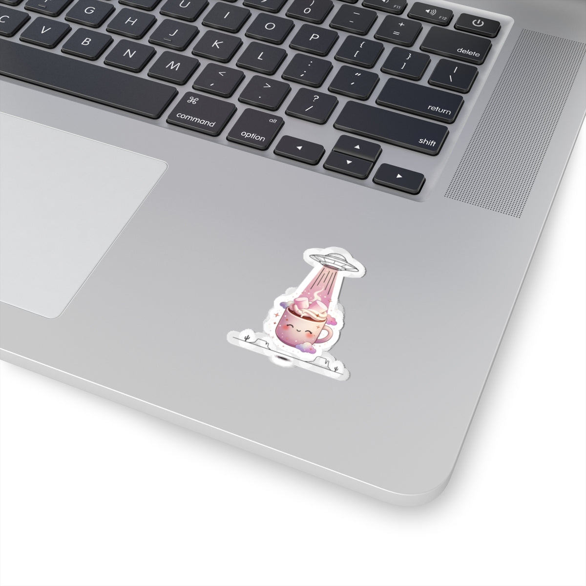 Cute UFO Abduction Mug Sticker, Retro Desert Sci‑Fi Kiss-Cut Sticker | Vintage UFO, Alien Beam