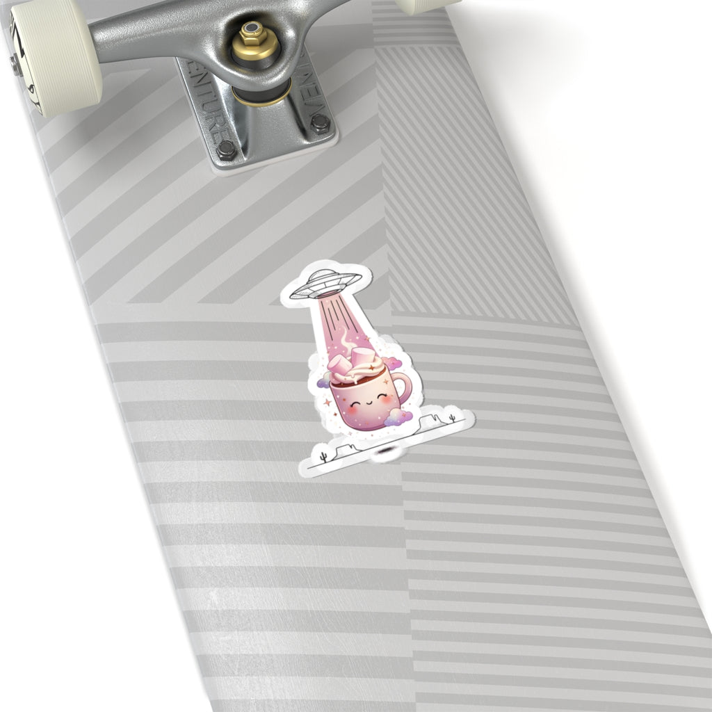 Cute UFO Abduction Mug Sticker, Retro Desert Sci‑Fi Kiss-Cut Sticker | Vintage UFO, Alien Beam