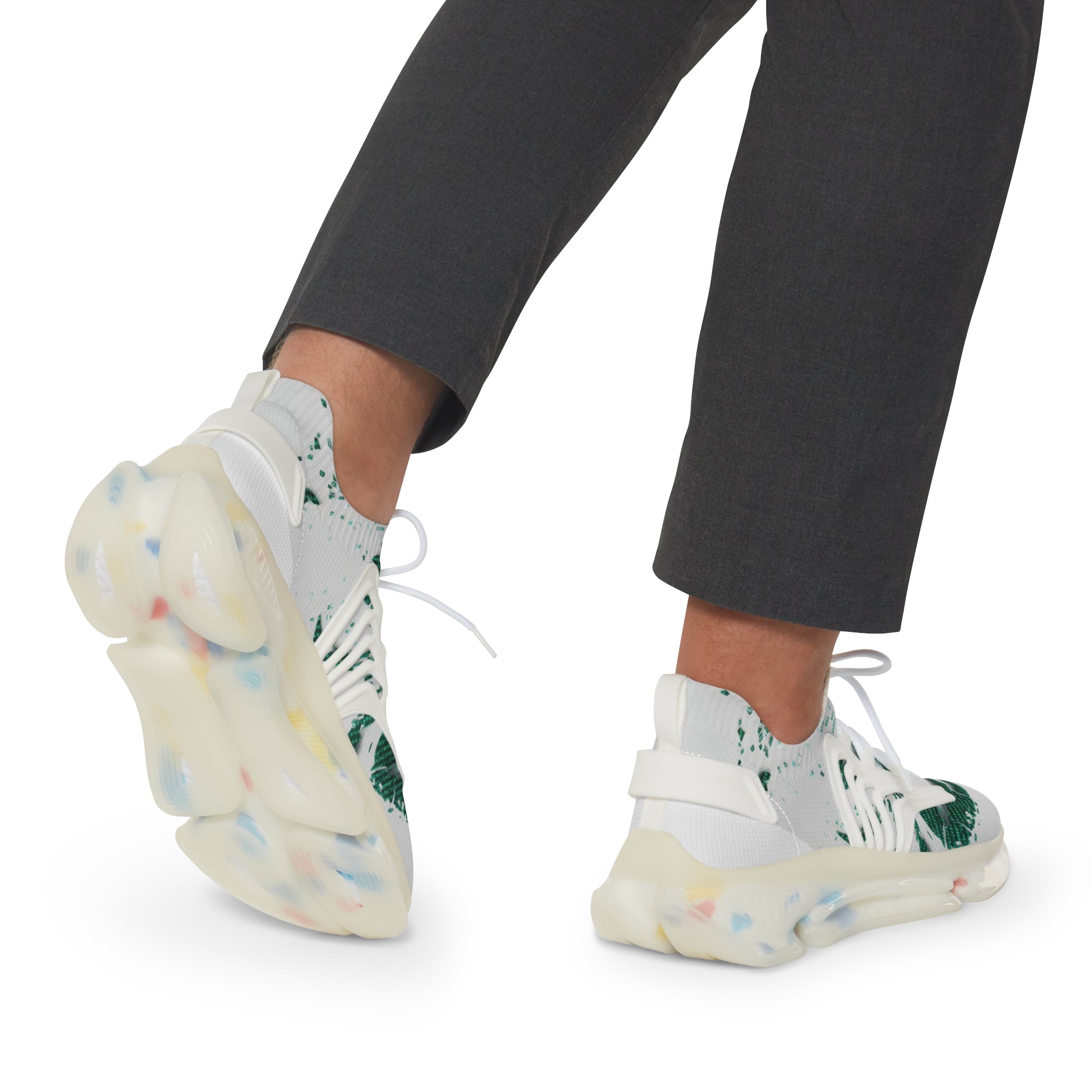 Men's Mesh Sneakers — Lightweight White Athletic Shoes with Green Leaf Print