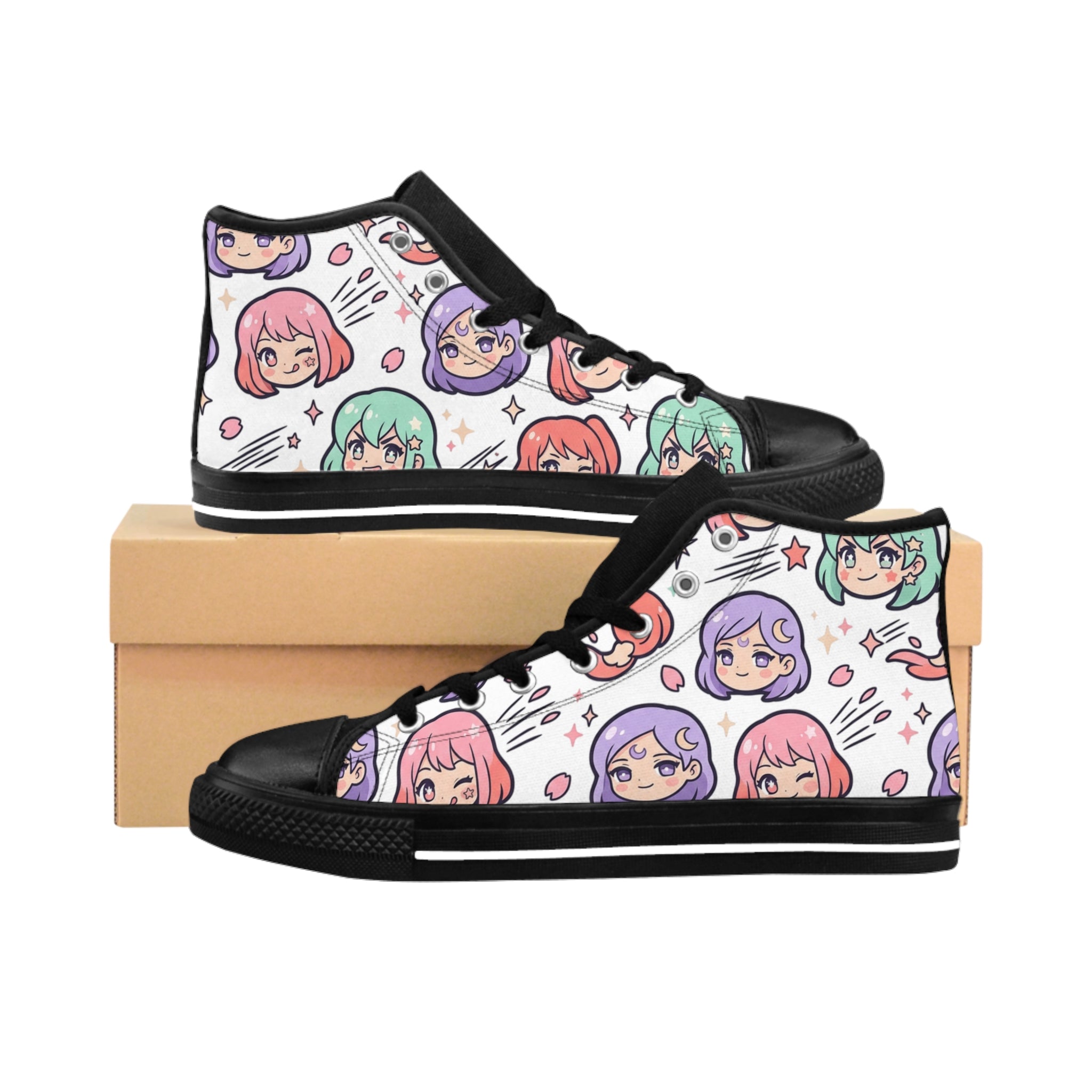 Anime Kawaii Faces High-Top Sneakers — Cute Pastel Character Print