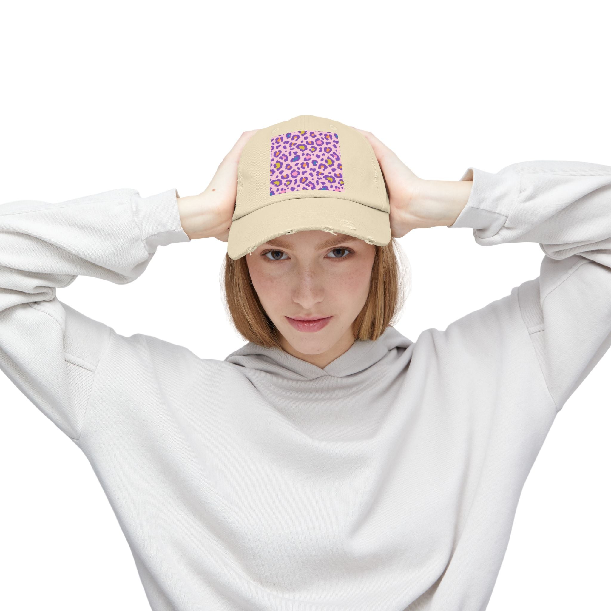 Distressed Baseball Cap with Pink Purple Leopard Print — Trendy Animal Print Hat